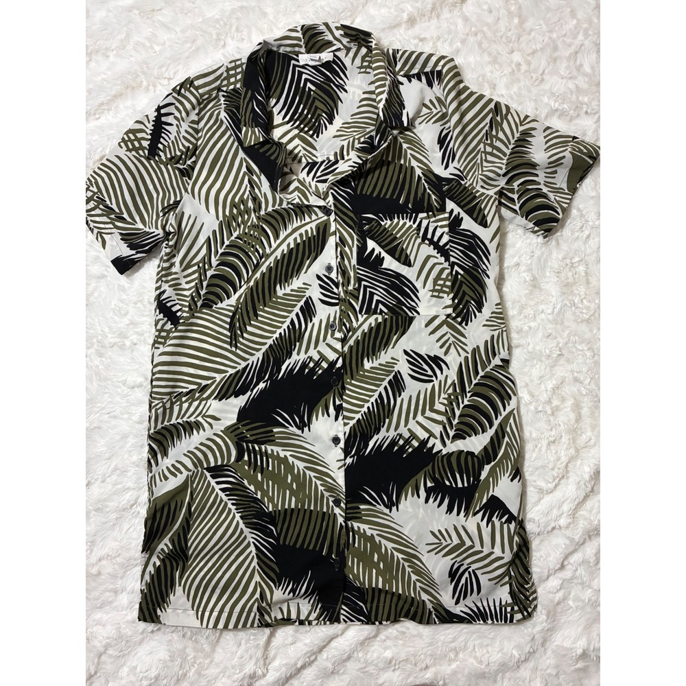 Topshop Mens Tropical Palm Leaf Print Button Down Shirt Olive Green Black US 8